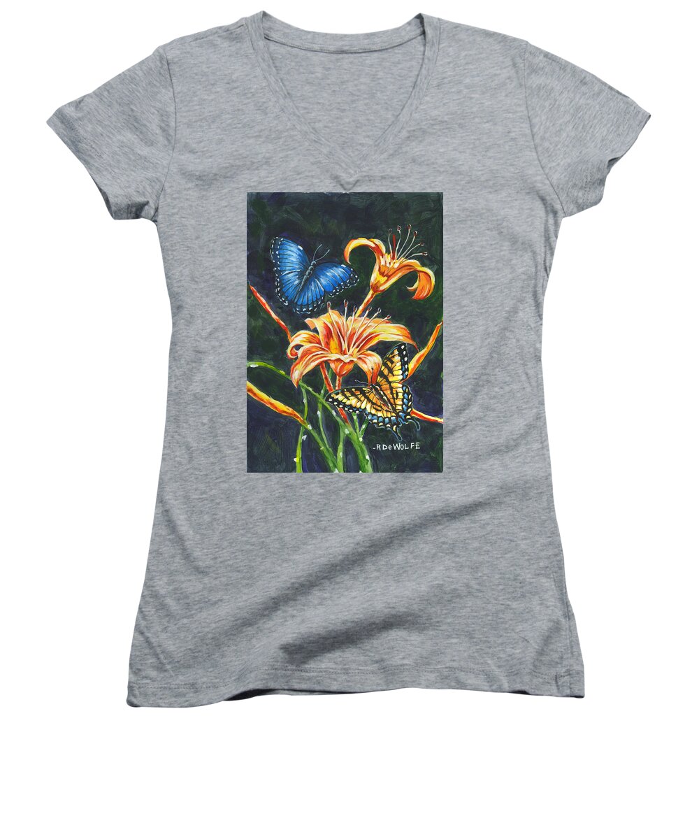 Butterfly Women's V-Neck featuring the painting Butterflies And Flowers Sketch by Richard De Wolfe