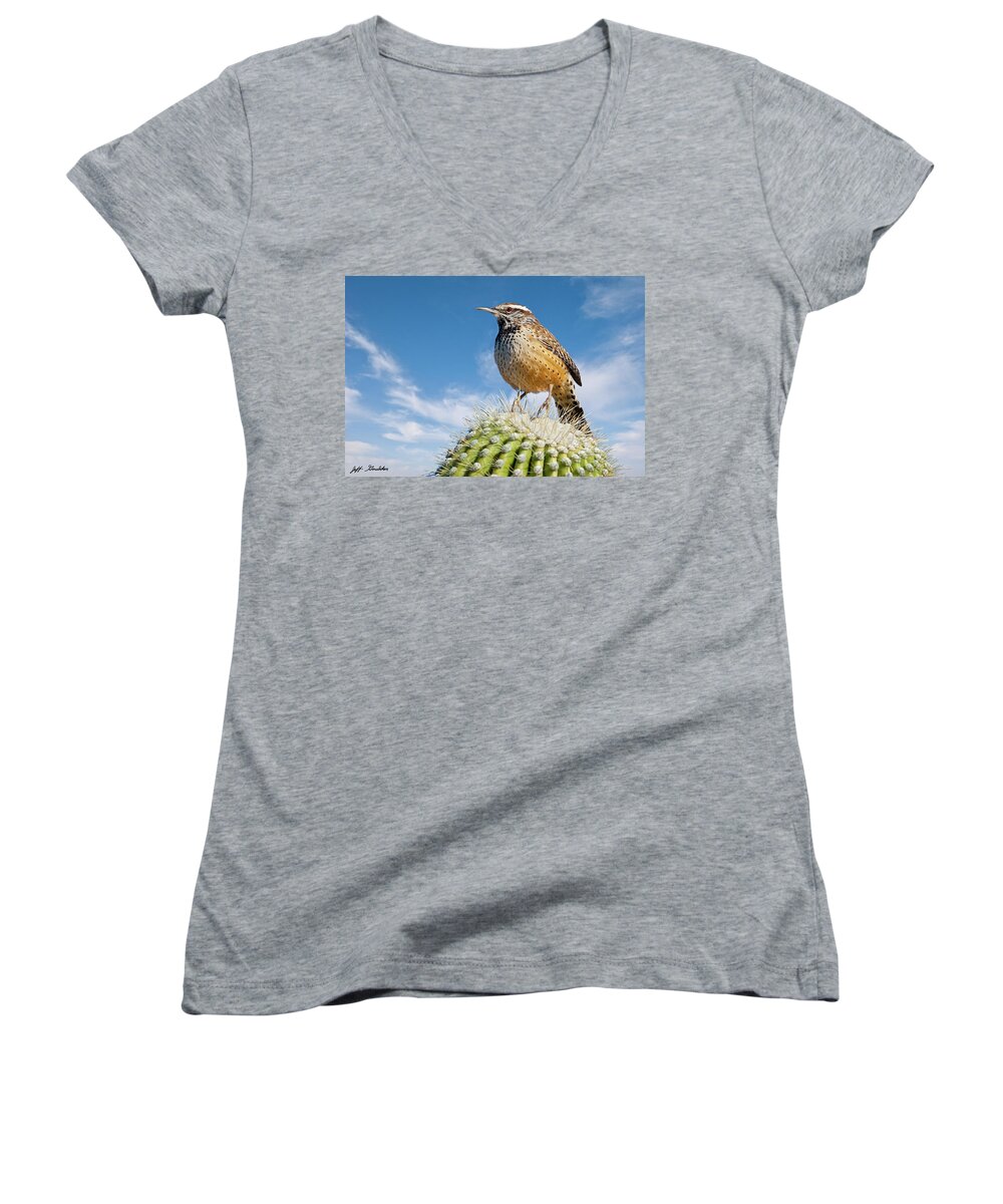 Adult Women's V-Neck featuring the photograph Cactus Wren on a Saguaro Cactus by Jeff Goulden