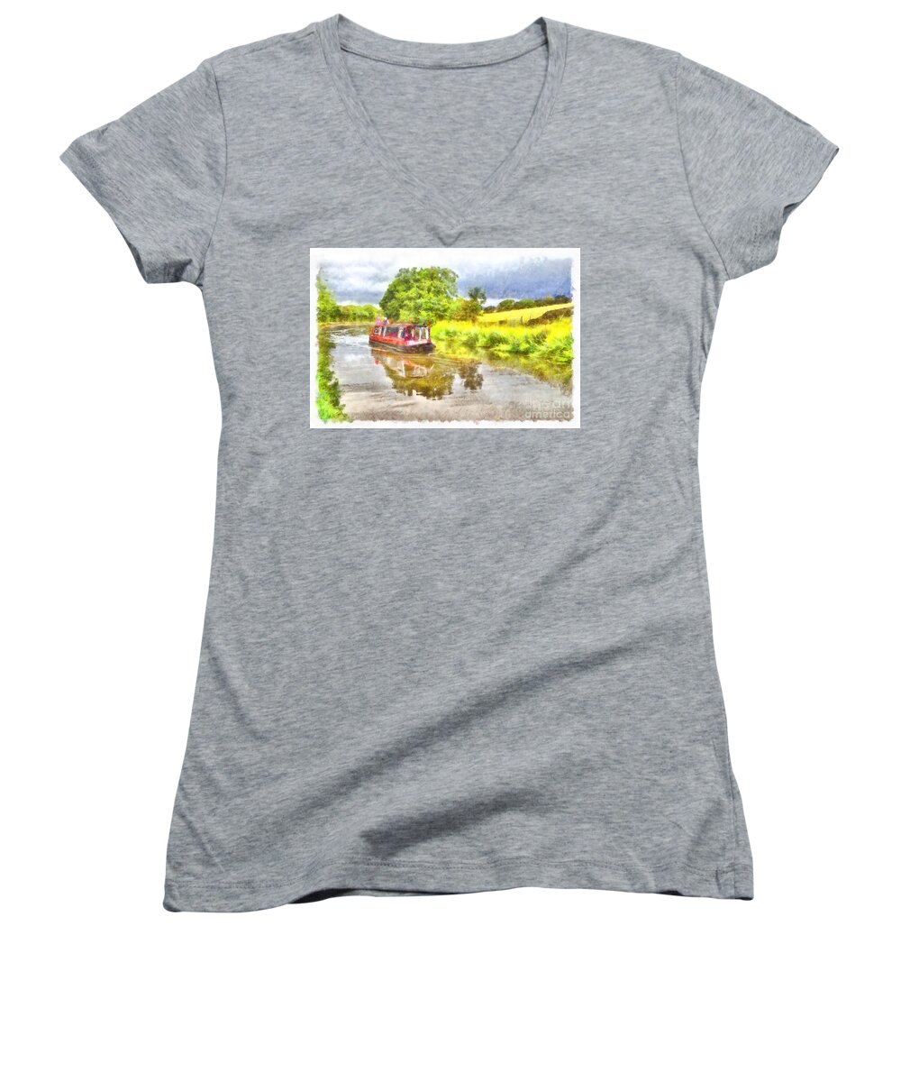 Narrow Boat Women's V-Neck featuring the digital art Canal Boat on the Leeds to Liverpool Canal by Martyn Arnold