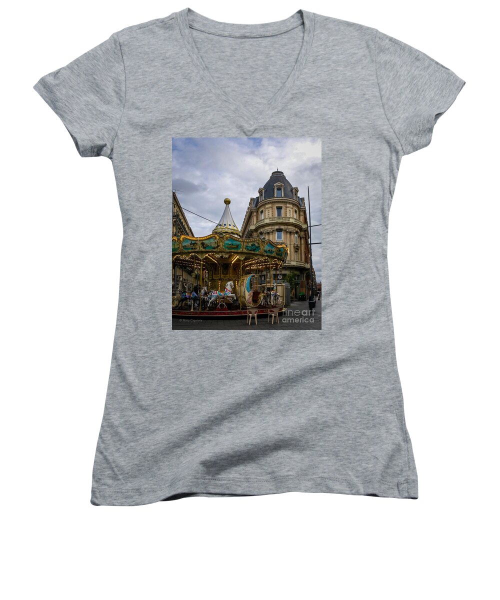 Carousel Women's V-Neck featuring the photograph Carousel Toulouse by Mary Capriole