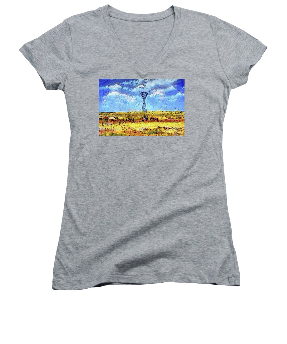 Edit This 11 Women's V-Neck featuring the photograph Cattle Water Wind by Jack Torcello
