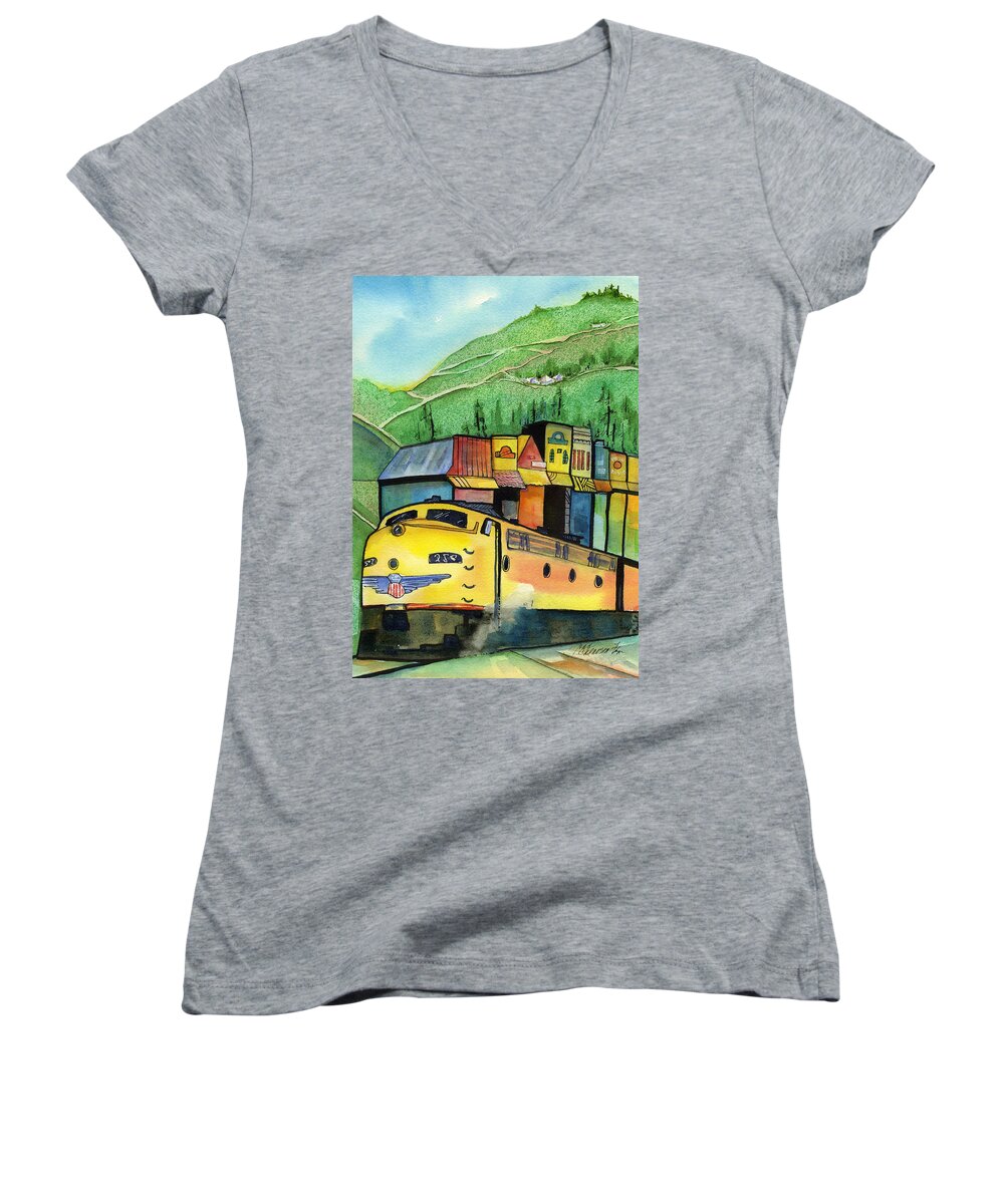 Colfax Women's V-Neck featuring the painting Colfax California by Joan Chlarson