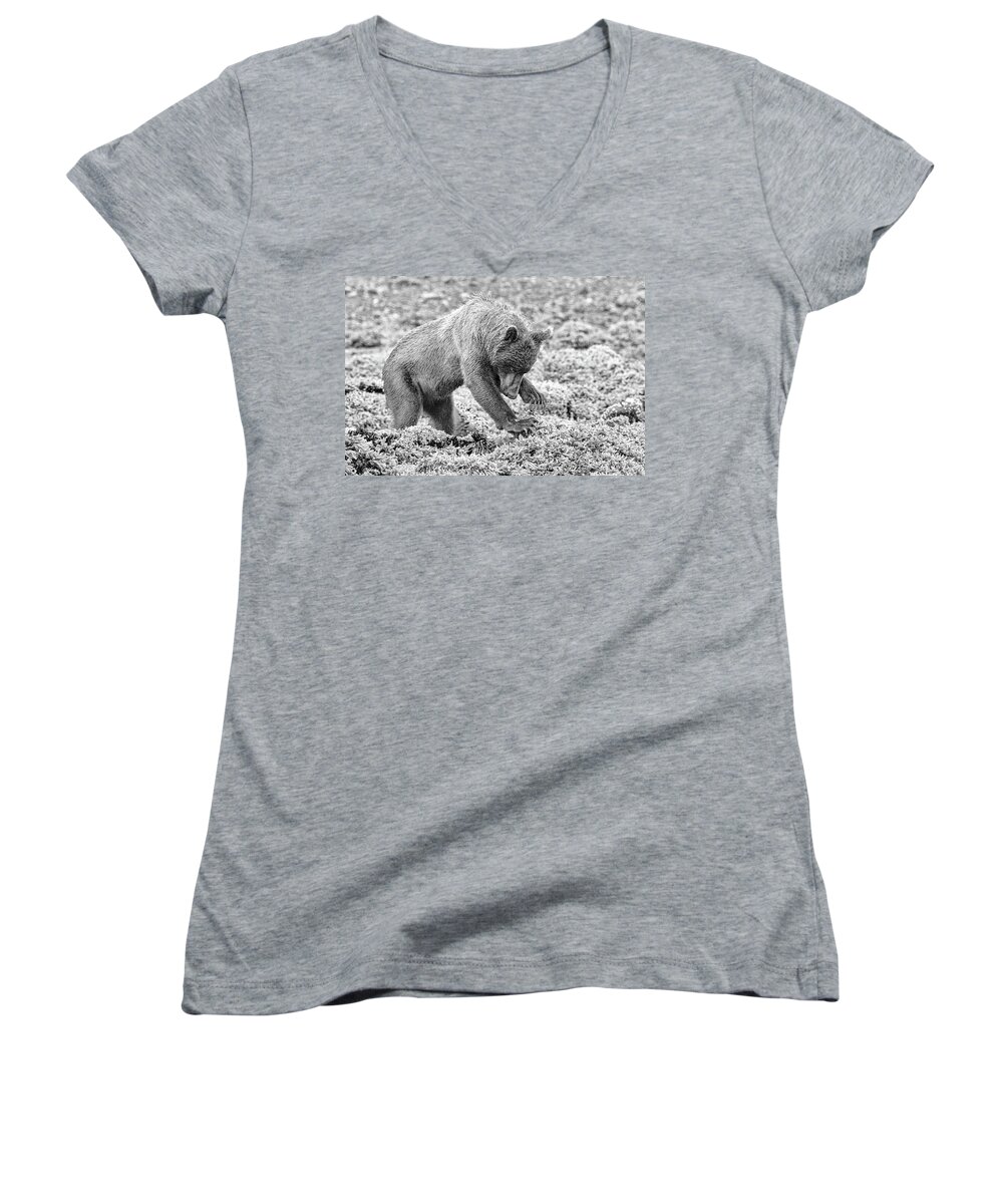 Bear Women's V-Neck featuring the photograph Concentrating Coastal Brown Bear in Monochrome by Mark Hunter