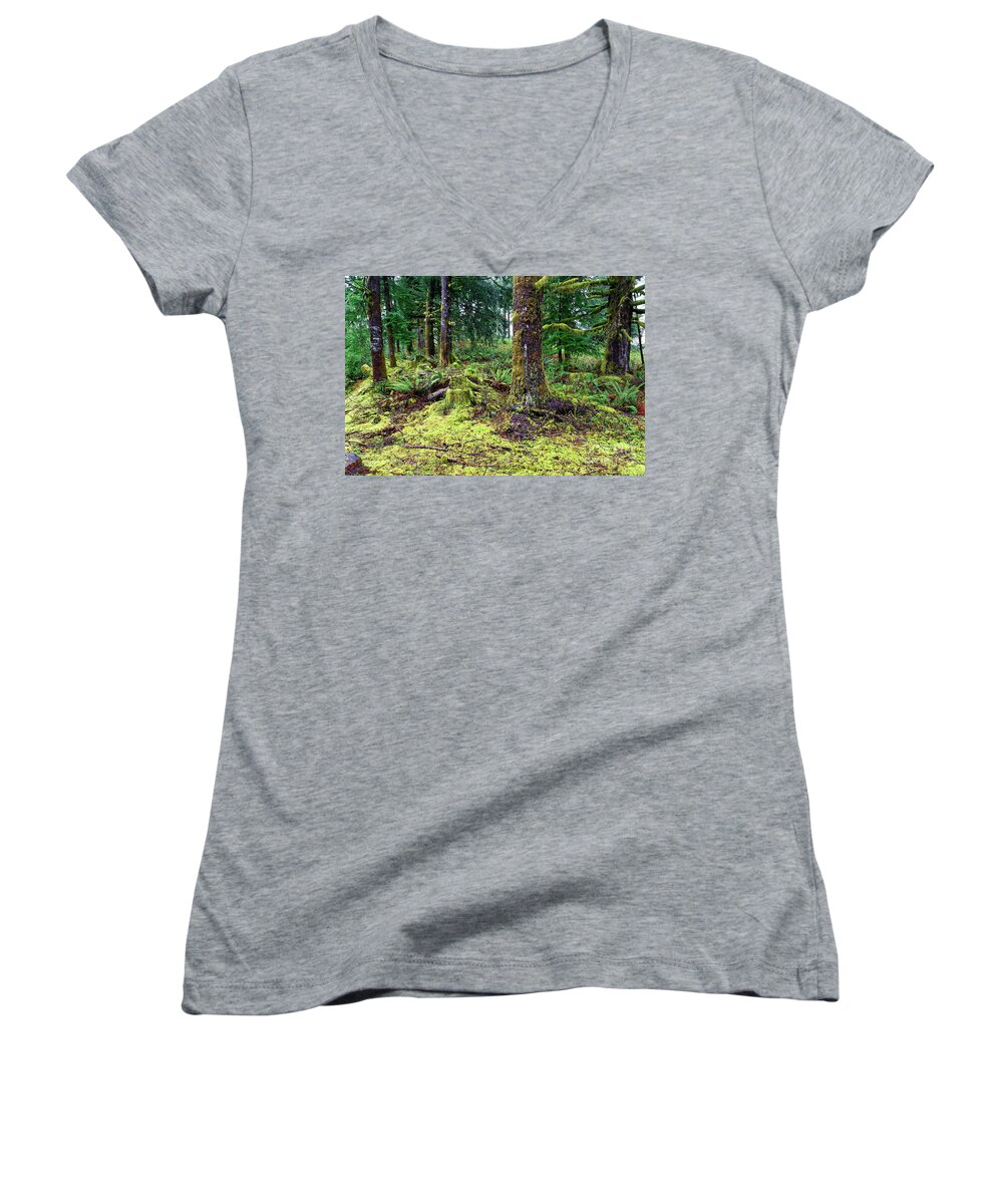 Close Up Women's V-Neck featuring the photograph Conifer forest understory close up yellow green moss covering gr by Robert C Paulson Jr
