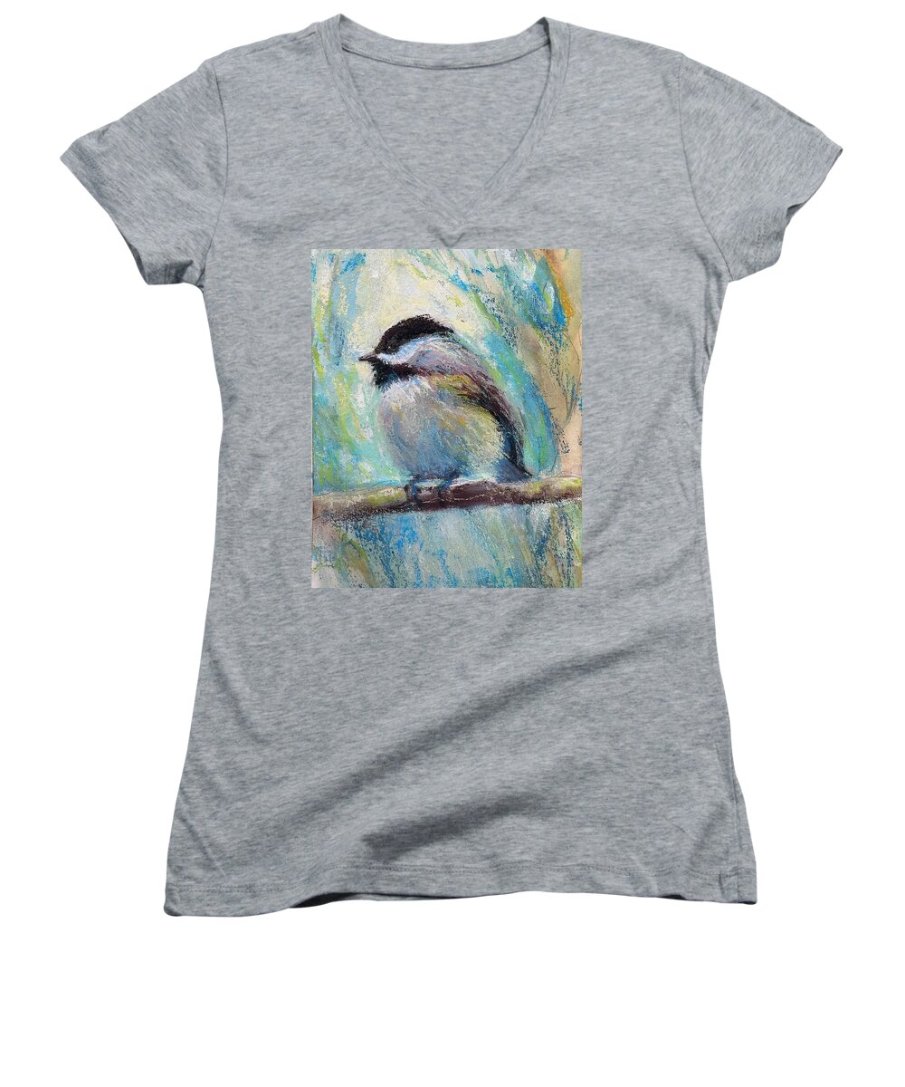 Chickadee Women's V-Neck featuring the pastel Content Chickadee by Susan Jenkins