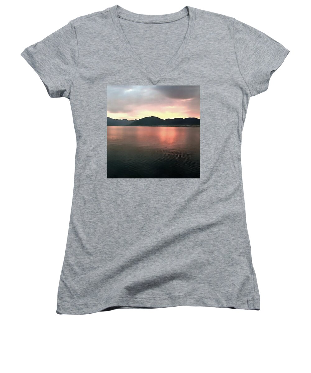 Sunset Women's V-Neck featuring the painting Coral Ombre Sunset Reflections by Taiche Acrylic Art