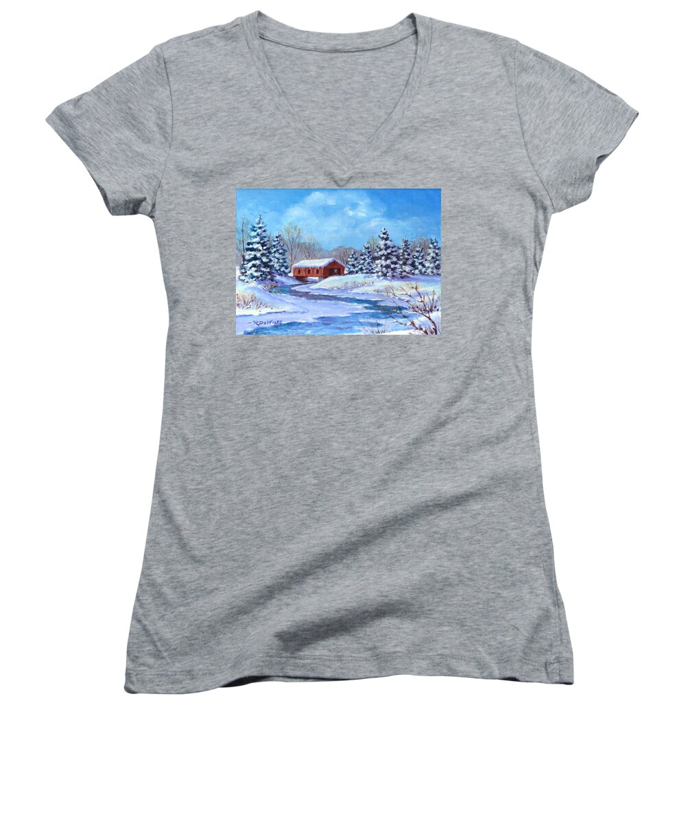 Winter Women's V-Neck featuring the painting Covered Bridge Sketch by Richard De Wolfe
