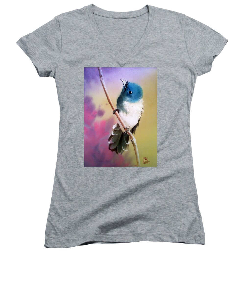 Russian Artists New Wave Women's V-Neck featuring the painting Curious Birdie on Branch by Alina Oseeva