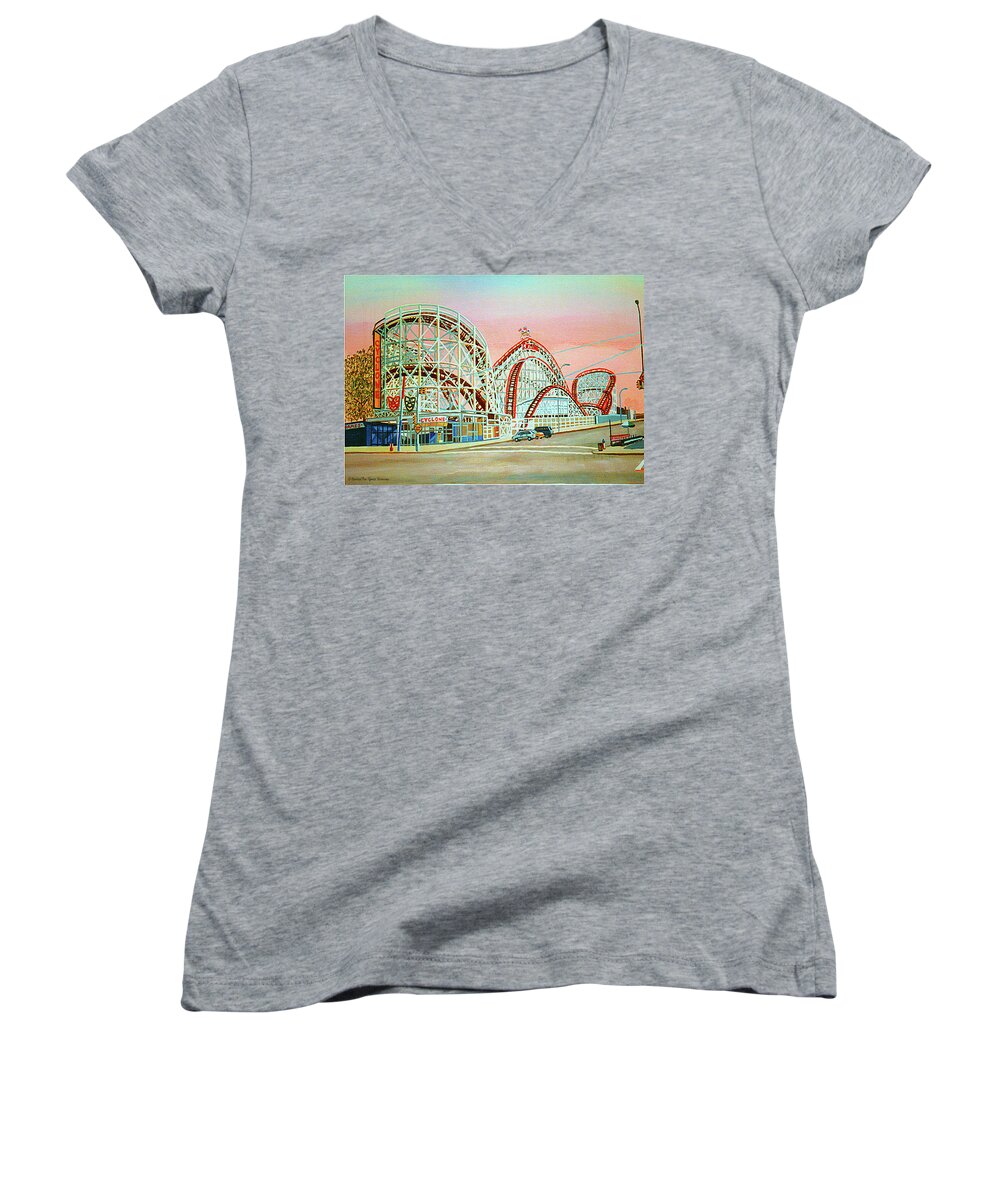  Women's V-Neck featuring the painting Cyclone Roller Coaster Full Pillow Version by Bonnie Siracusa