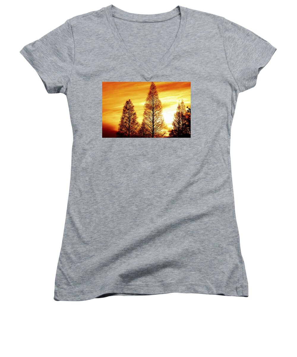 Cypress Trees Women's V-Neck featuring the photograph Cypress Silhouette by Charlotte Schafer