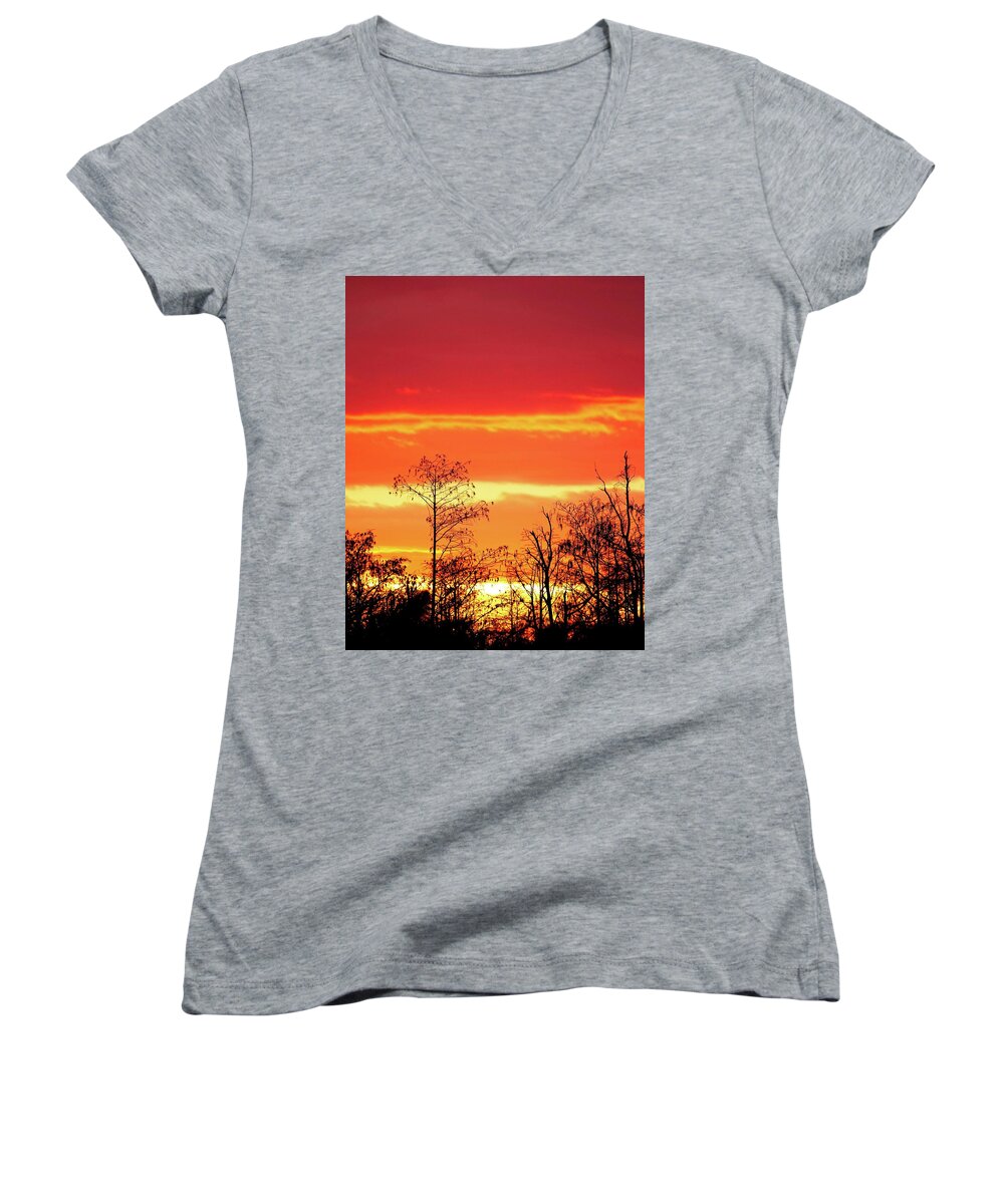 Sunset Women's V-Neck featuring the photograph Cypress Swamp Sunset 5 by Steve DaPonte