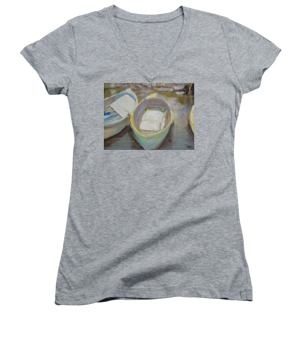 Boats Women's V-Neck featuring the painting Derek's Boat #1 by Julie Todd-Cundiff