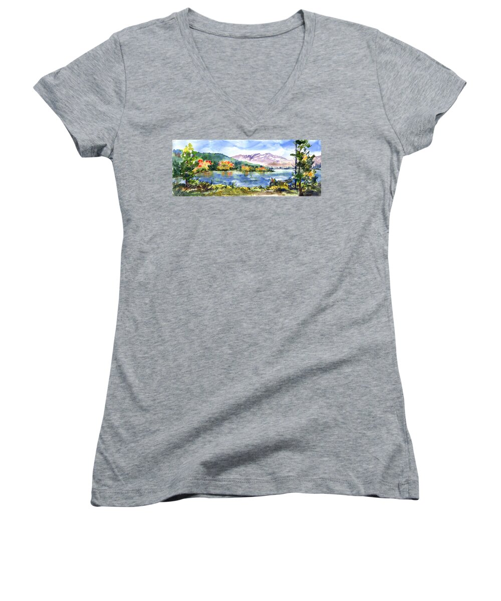 Donner Lake Women's V-Neck featuring the painting Donner Lake Fisherman by Joan Chlarson
