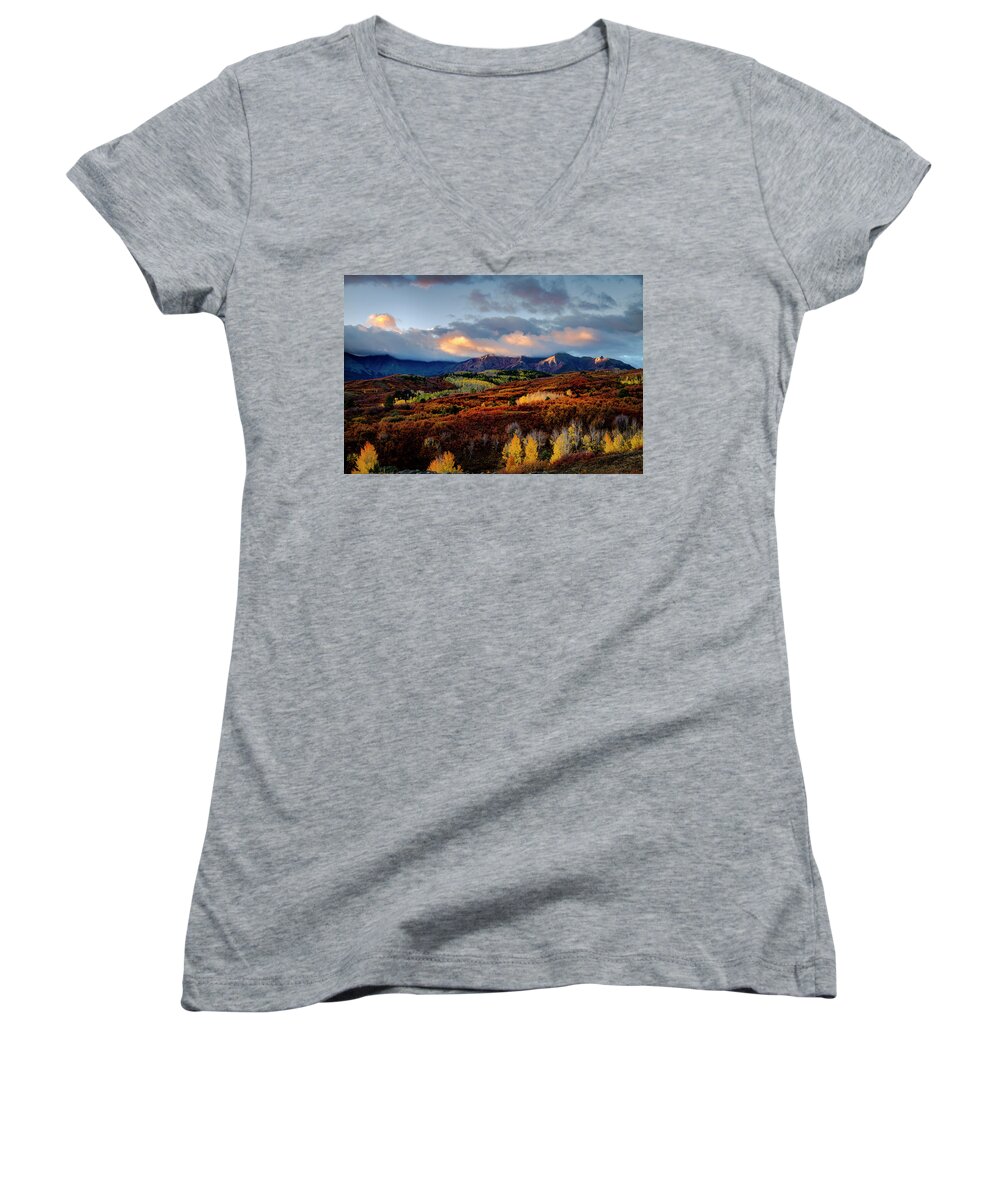 Aspen Trees Women's V-Neck featuring the photograph Dramatic Sunrise in the San Juan Mountains of Colorado by Teri Virbickis