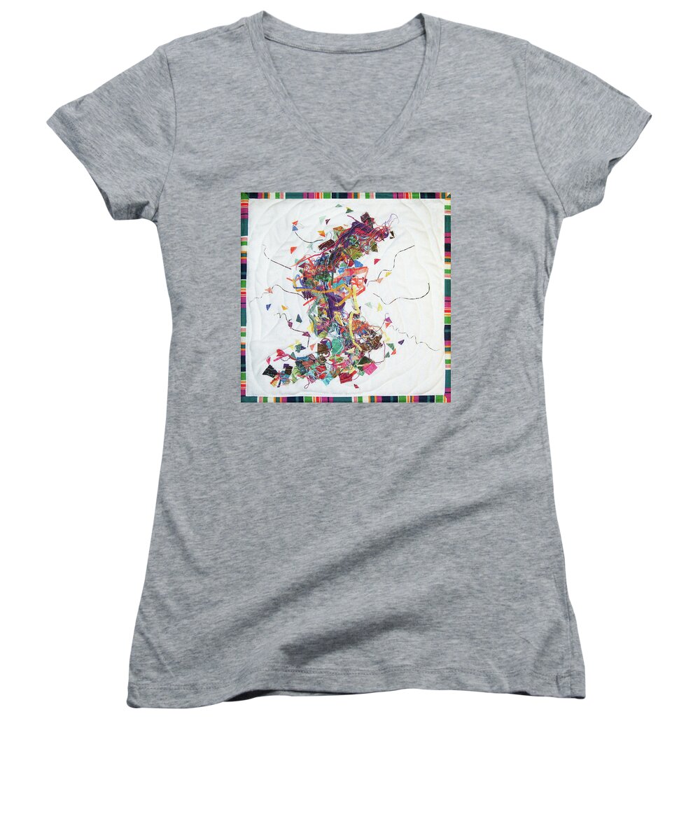 Art Quilt Women's V-Neck featuring the tapestry - textile Etude in Fabric by Pam Geisel