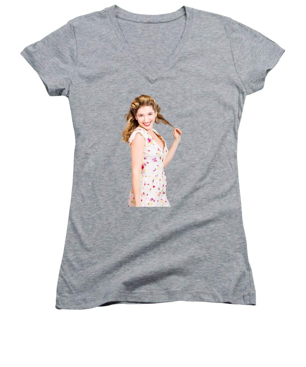 Beauty Women's V-Neck featuring the photograph Female model with perfect skin and curly hairstyle by Jorgo Photography