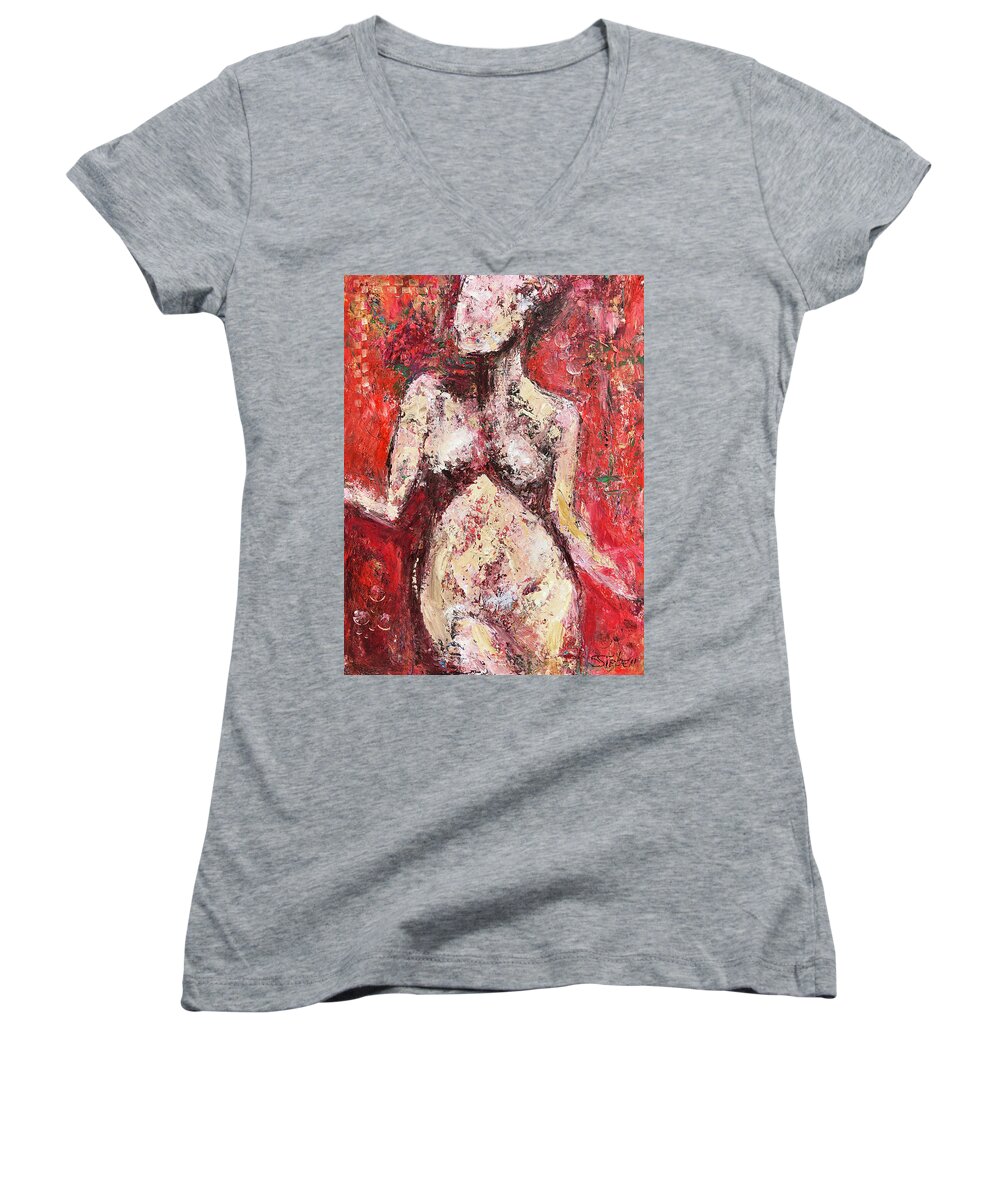 Nude Women's V-Neck featuring the painting Female Nude by Sharon Sieben