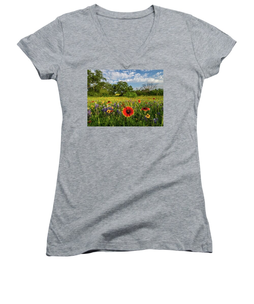 Texas Wildflowers Women's V-Neck featuring the photograph Fire Wheel by Johnny Boyd