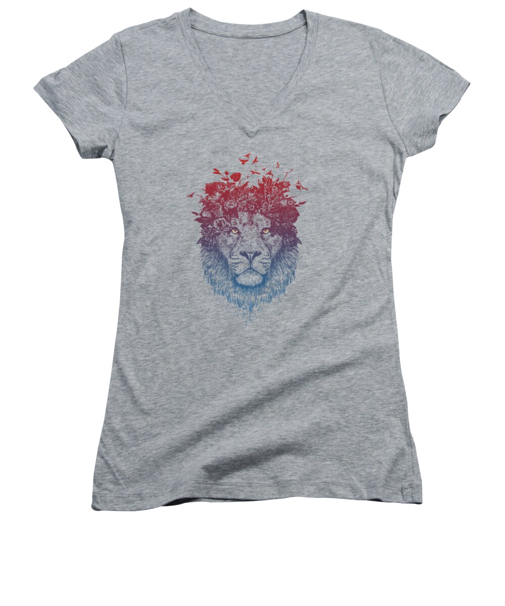 Lion Women's V-Neck featuring the drawing Floral lion III by Balazs Solti
