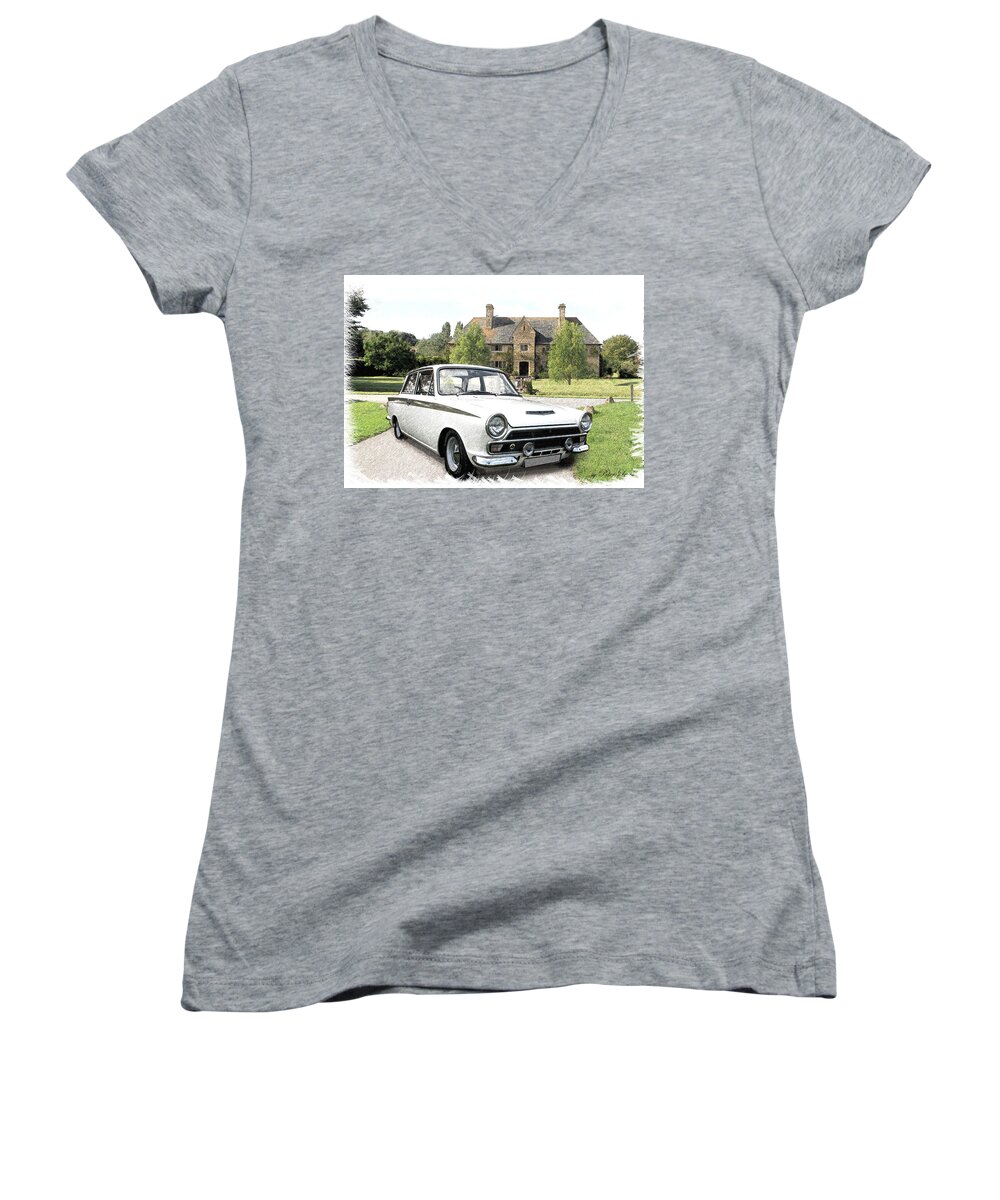 Ford Women's V-Neck featuring the digital art Ford 'Lotus' Cortina by Peter Leech