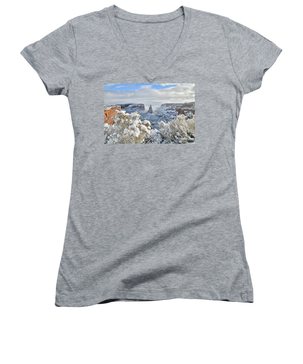 Colorado National Monument Women's V-Neck featuring the photograph Fresh Snow at Independence Canyon by Ray Mathis