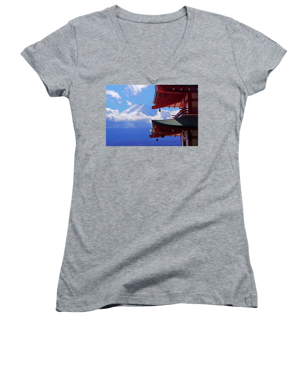 Japan Women's V-Neck featuring the photograph Fuji View at Chureito Pagoda by Dennis Cox Photo Explorer