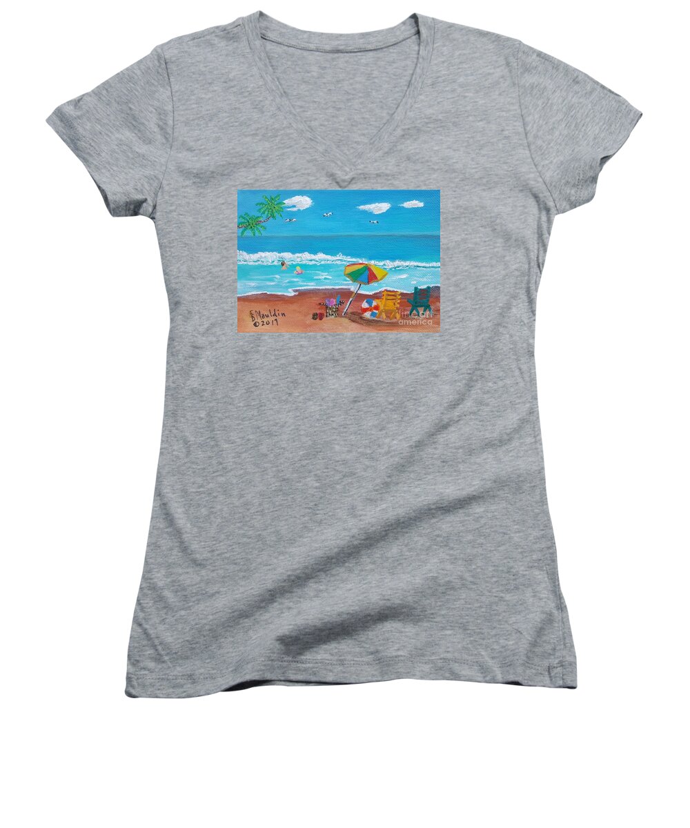 Beach Women's V-Neck featuring the painting Fun at the Beach by Elizabeth Mauldin