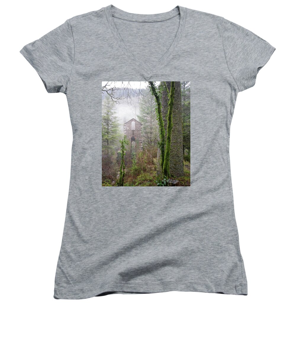 Clitters Women's V-Neck featuring the photograph Ghostly Ruins Clitters Mine Gunnislake Cornwall by Richard Brookes