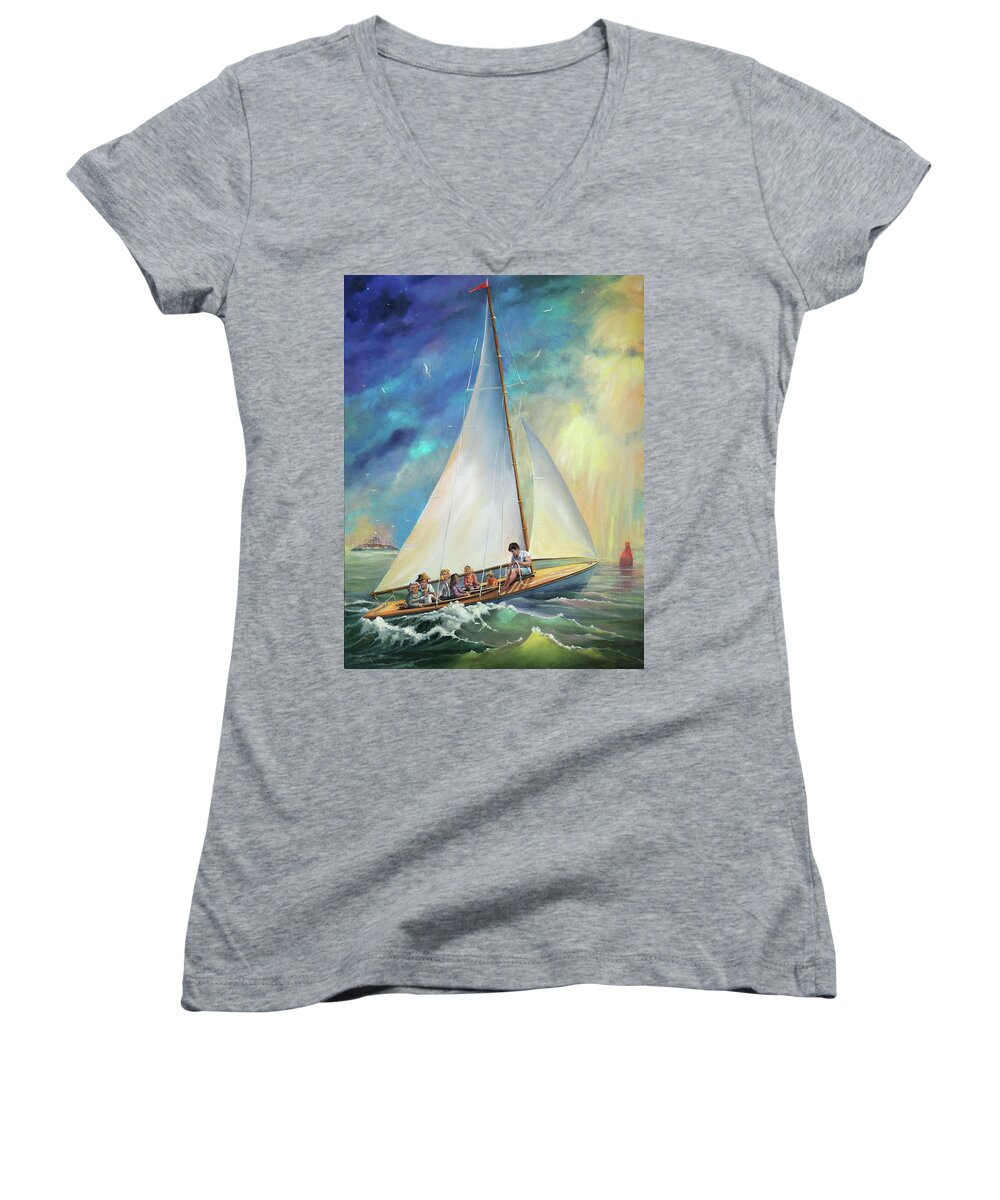Sail Women's V-Neck featuring the painting Going Home by Nancy Griswold
