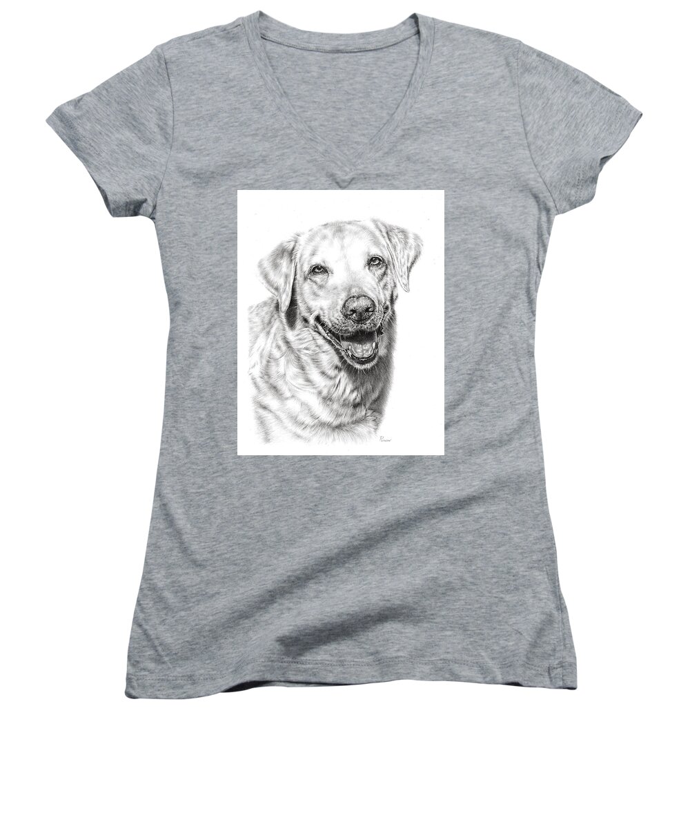 Dog Women's V-Neck featuring the drawing Golden Retriever by Casey 'Remrov' Vormer