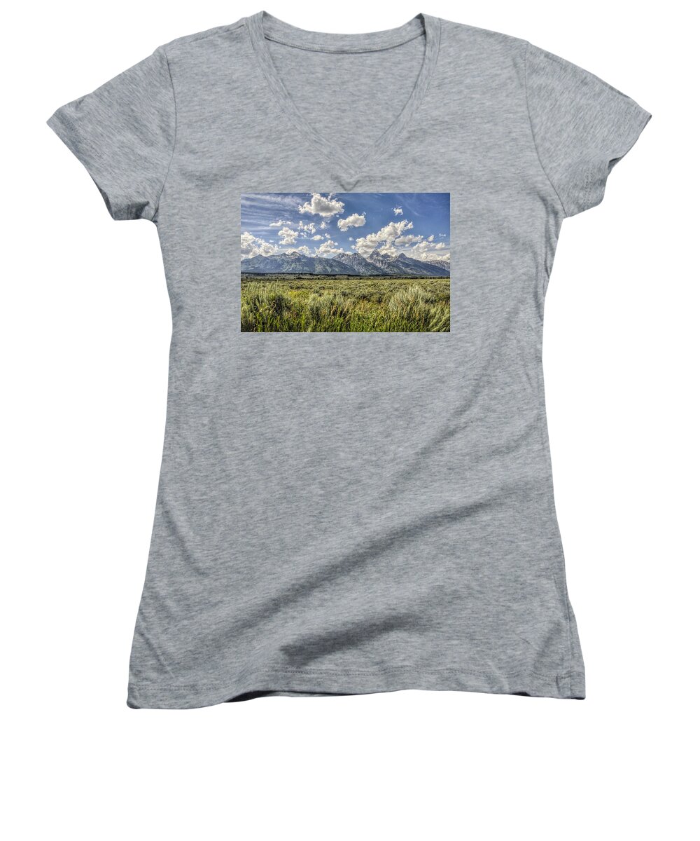 Grand Women's V-Neck featuring the photograph Grand Teton and Wyoming Skies by Chance Kafka