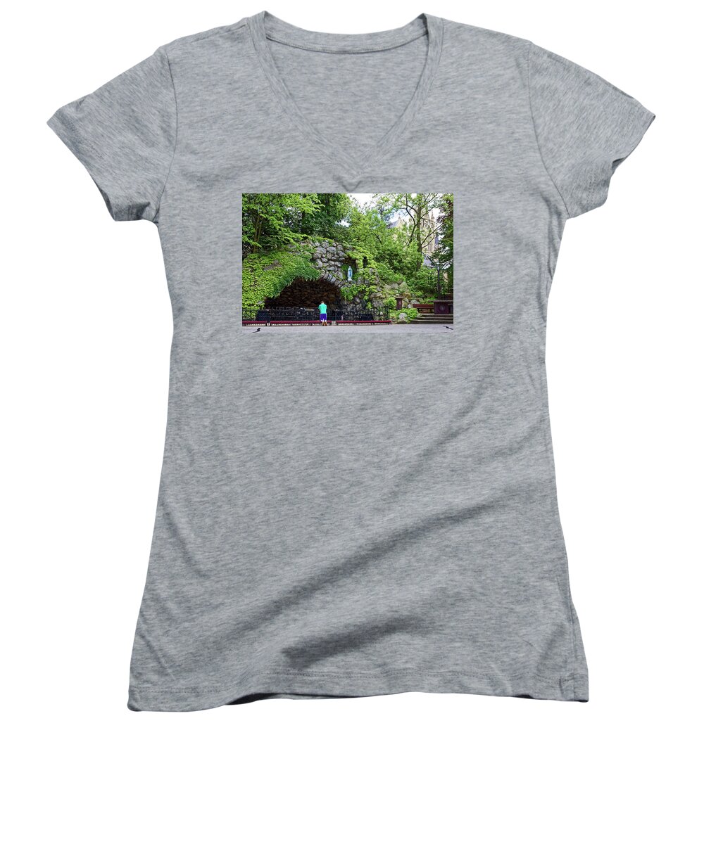 Grotto Of Our Lady Of Lourdes Women's V-Neck featuring the photograph Grotto of Our Lady of Lourdes by Sally Weigand
