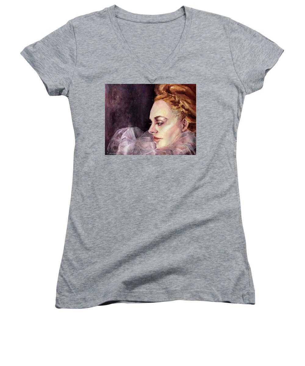Princess Women's V-Neck featuring the painting Gwehwyfar by Judith Levins