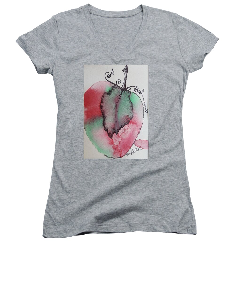 Red Green Watercolor Apple Pen And Ink Women's V-Neck featuring the painting Happy Apple by Jan VonBokel
