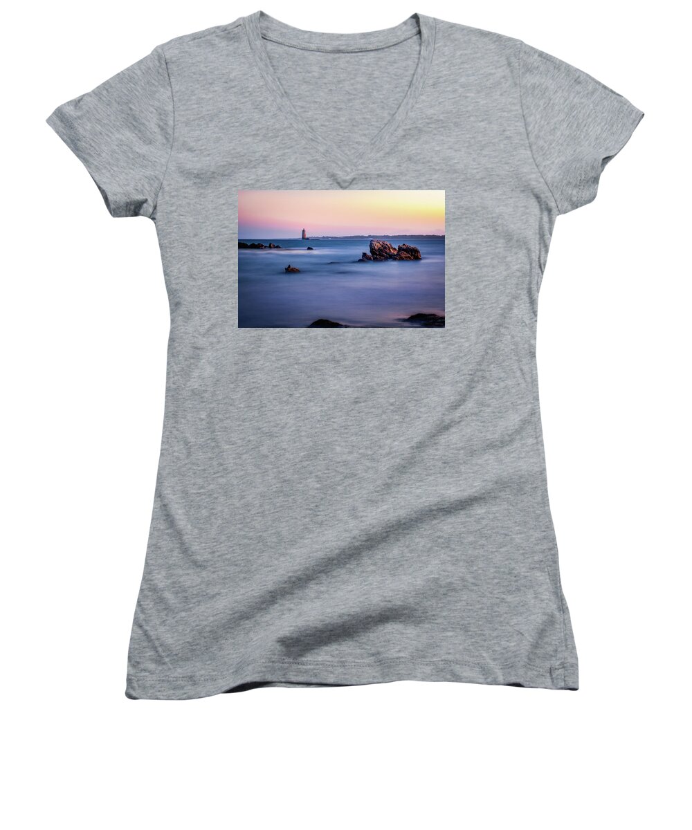 Blue Hour Women's V-Neck featuring the photograph Harbor Light by Jeff Sinon
