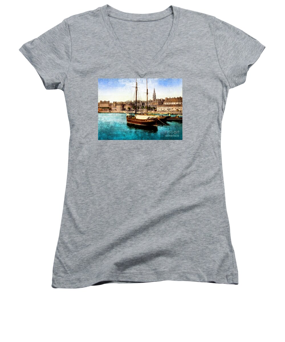 France Women's V-Neck featuring the photograph Harbor St Malo France by Carlos Diaz