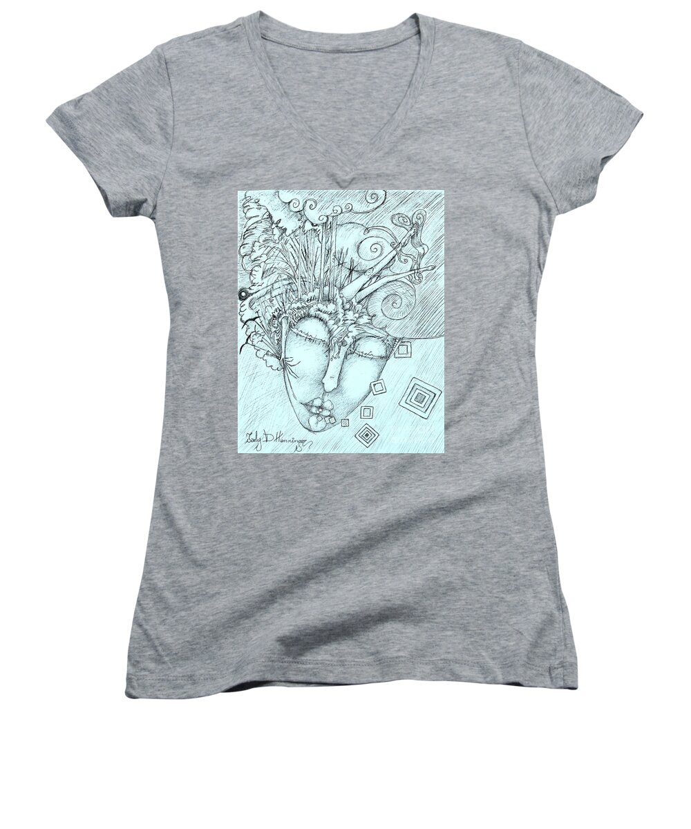  Women's V-Neck featuring the drawing Head Over Heals by Judy Henninger