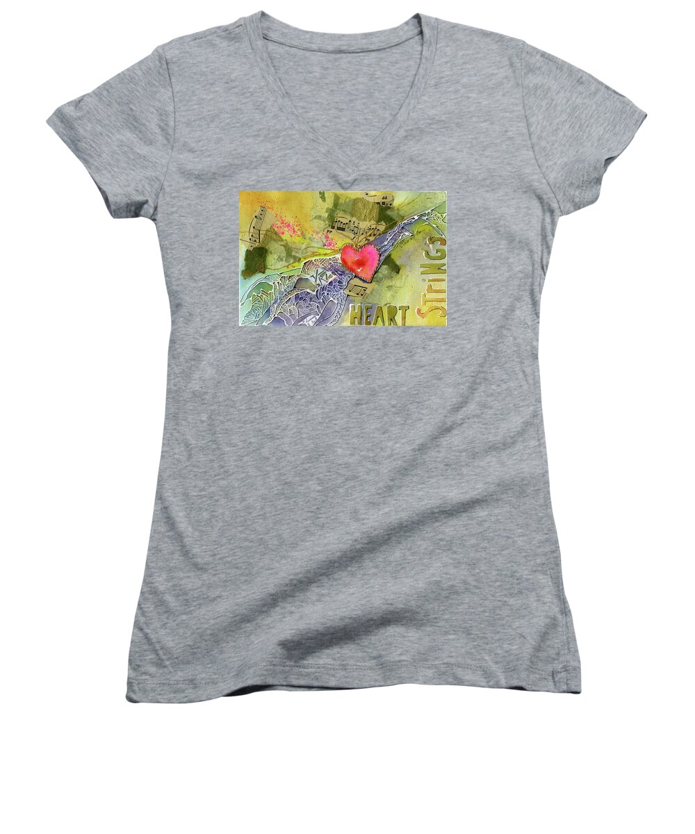 Heart Women's V-Neck featuring the painting Heart Strings by Joan Chlarson