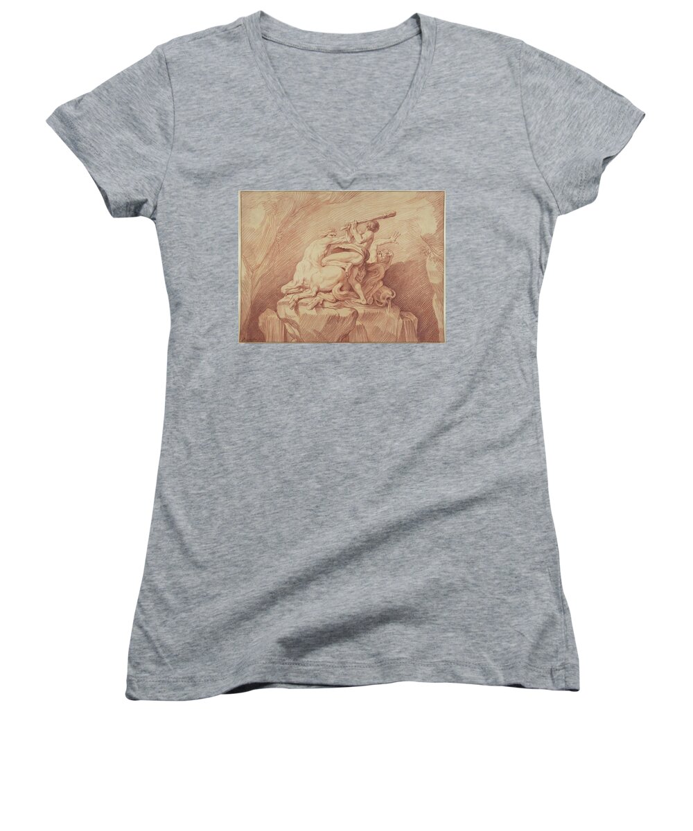 Mythology Women's V-Neck featuring the drawing Hercules Subduing The Centaurs by Edme Bouchardon