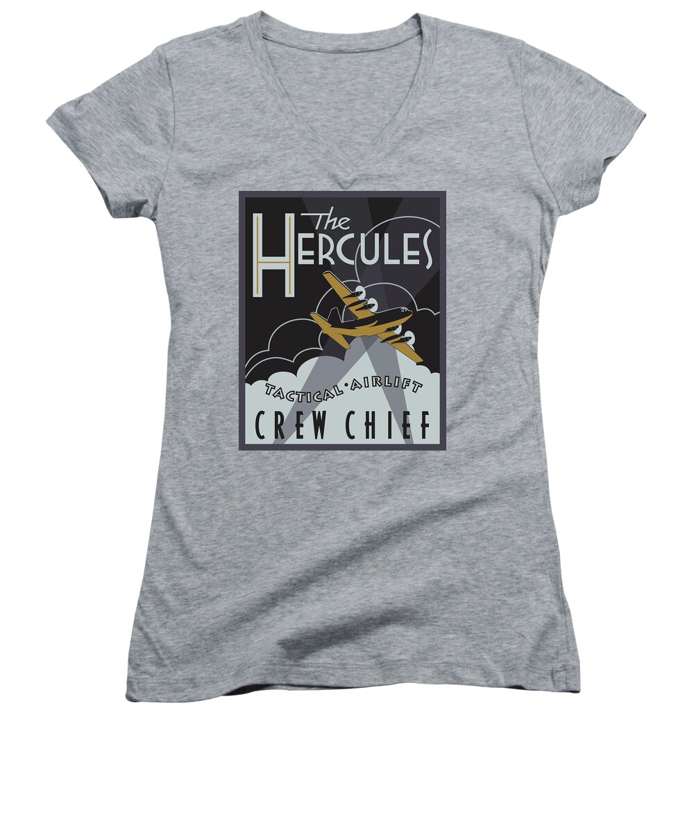 C-130 Women's V-Neck featuring the digital art Herk Deco - Crew Chief Edition by Michael Brooks