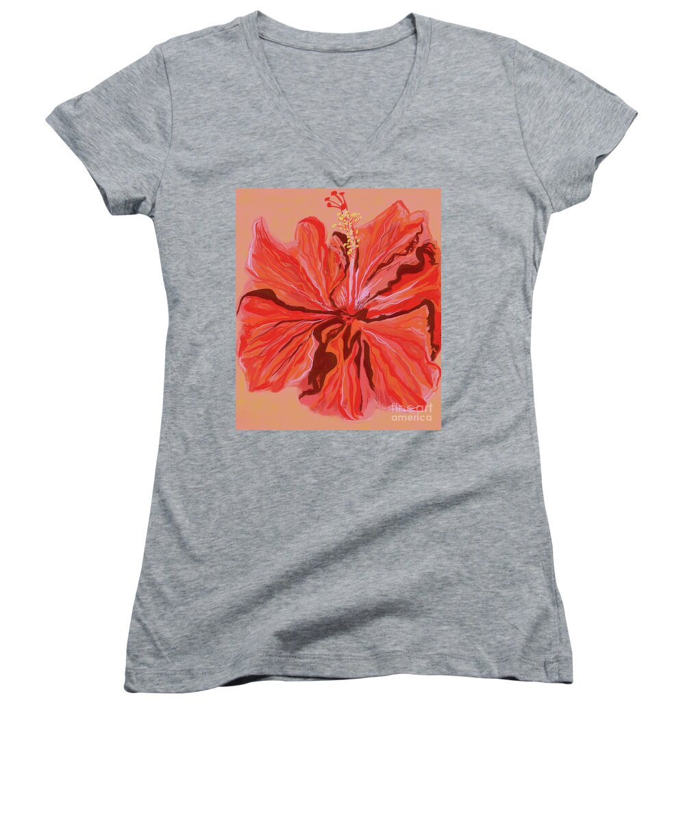 Hibiscus Women's V-Neck featuring the digital art Hibiscus Color Lines by Annette M Stevenson