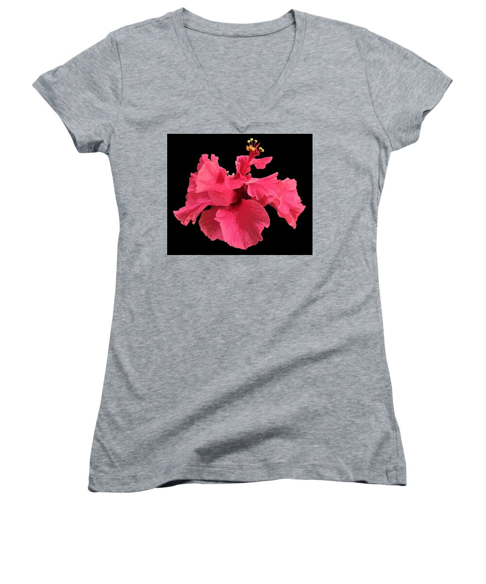 Hibiscus Women's V-Neck featuring the drawing Hibiscus Pink in Black by Joan Stratton