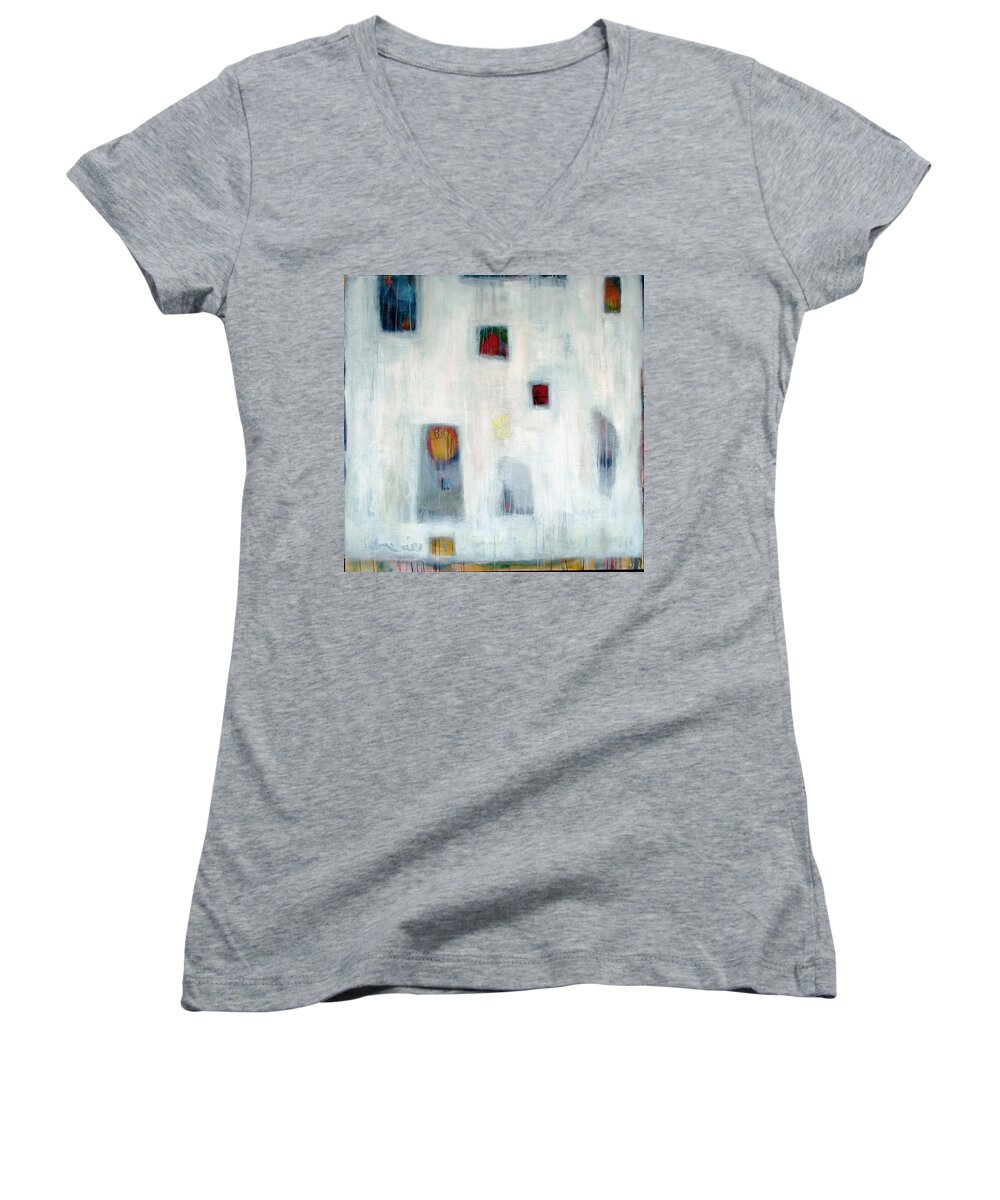 White Women's V-Neck featuring the painting Hidden City by Janet Zoya
