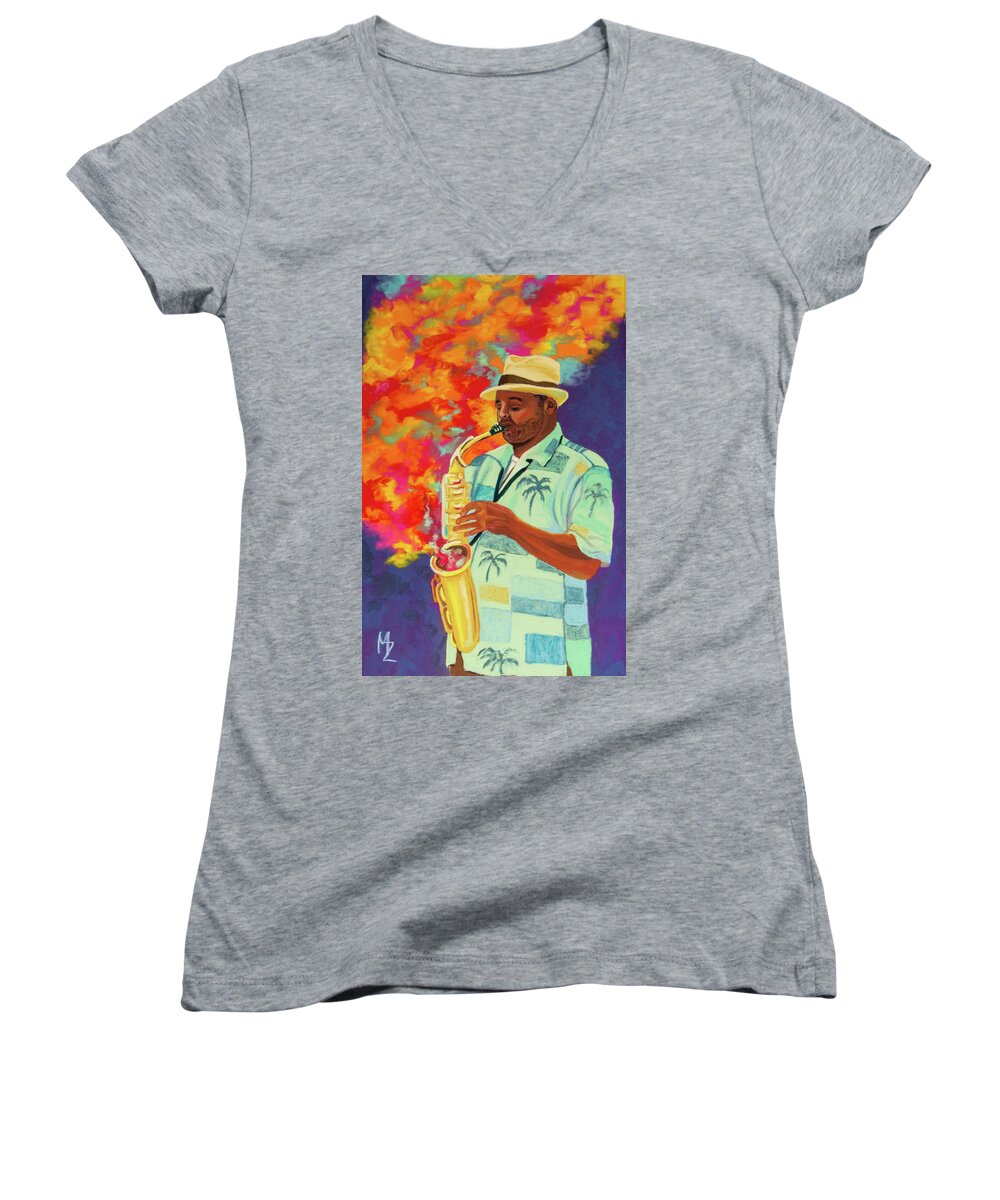 Pastel Women's V-Neck featuring the pastel Hot Jazz in Ybor City by Margaret Zabor