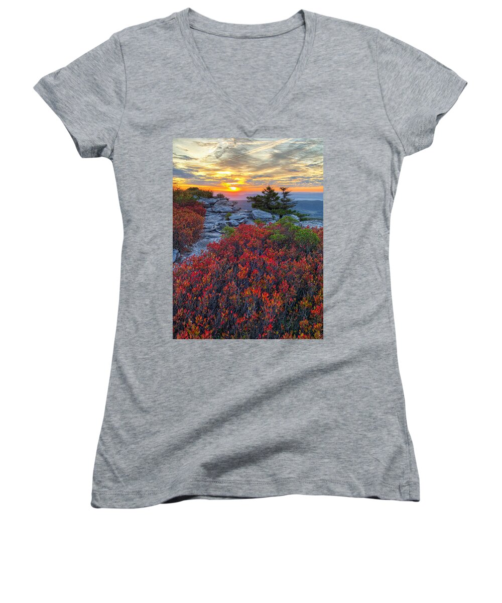 Dolly Sods Women's V-Neck featuring the photograph Huckleberry Red by Jaki Miller