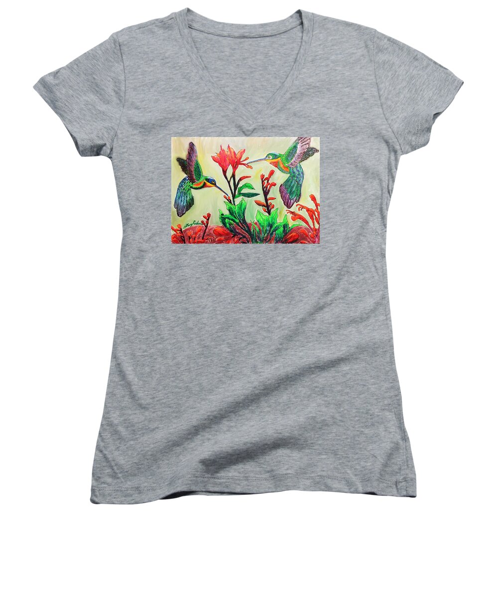 Hummingbirds Women's V-Neck featuring the drawing Hummingbirds and Canna lilies by Gary F Richards
