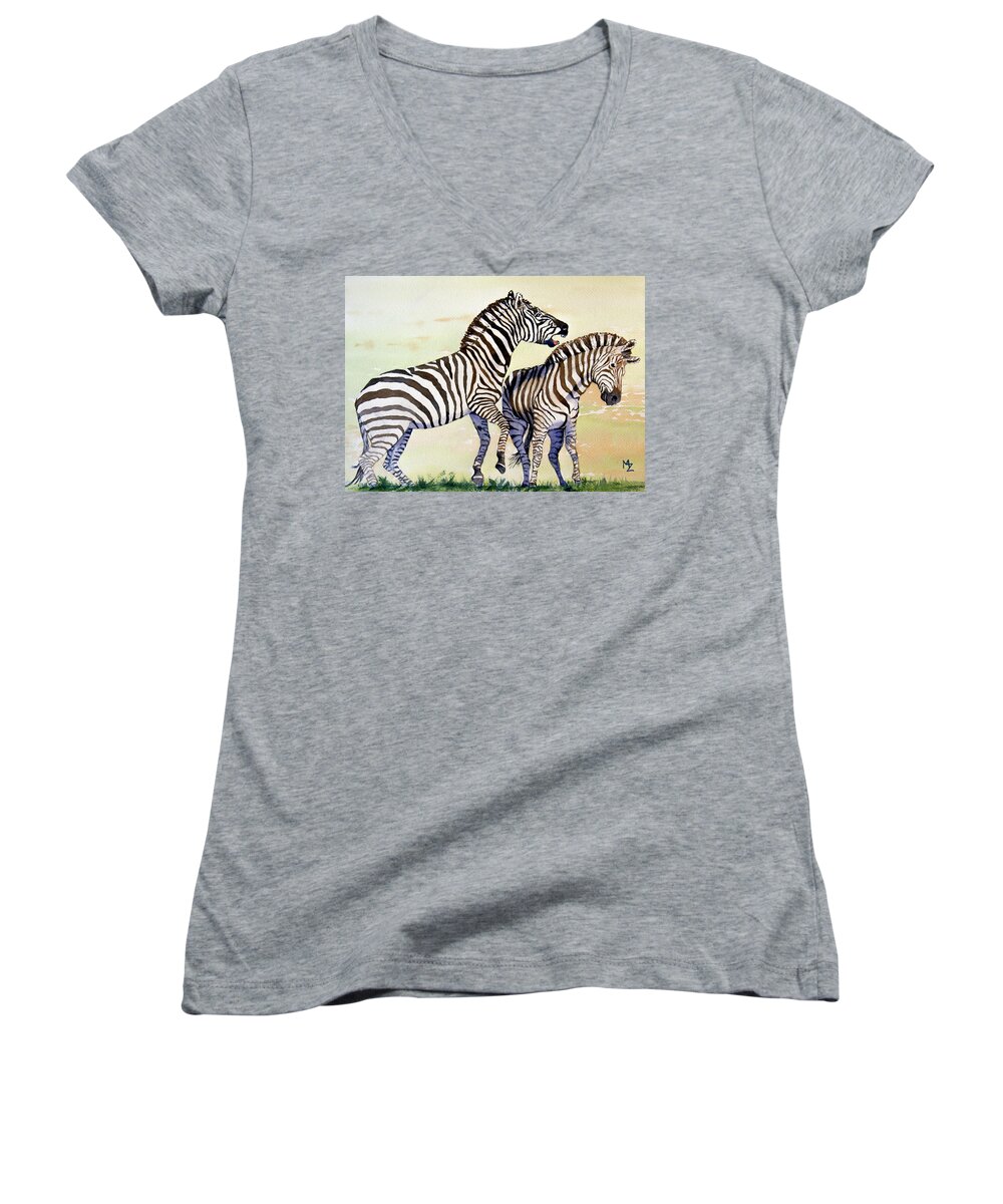 Zebra Women's V-Neck featuring the painting I Want My Space by Margaret Zabor