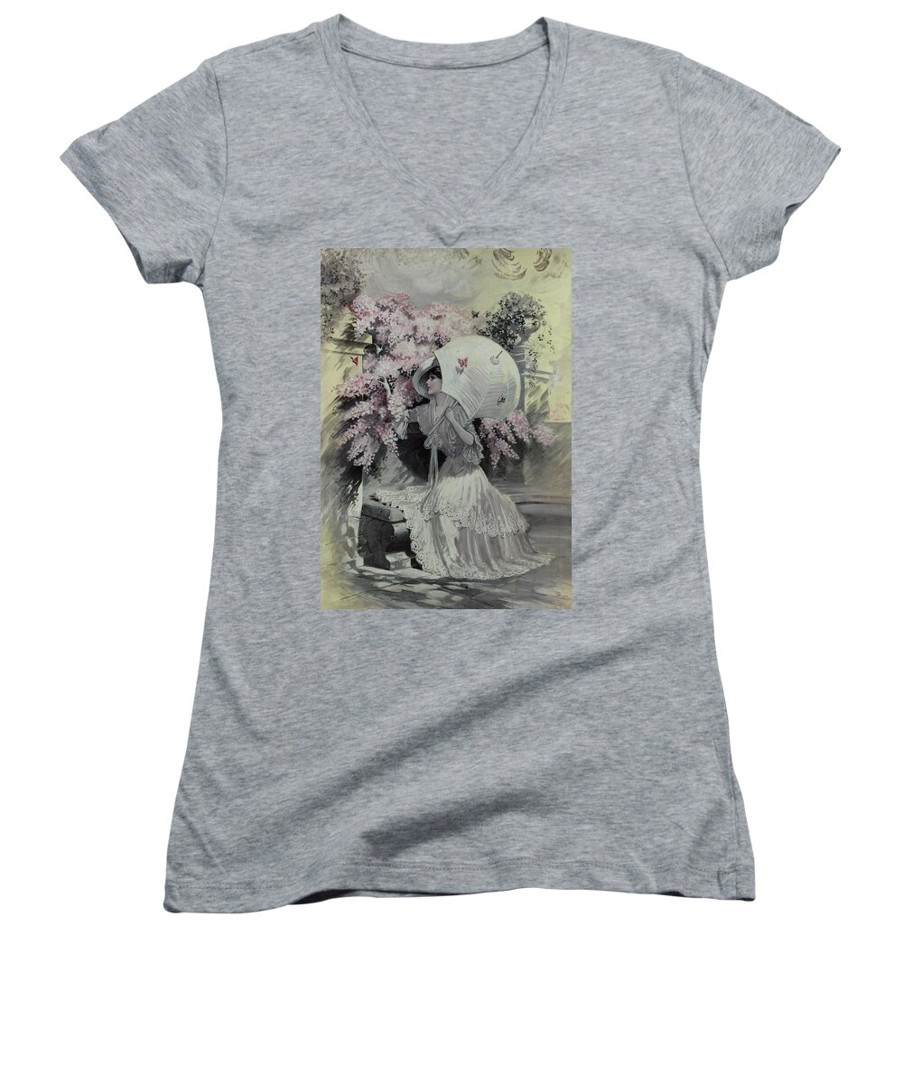 #new2022vogue Women's V-Neck featuring the painting Illustration Of Woman With Parasol On Bench by Mortimer