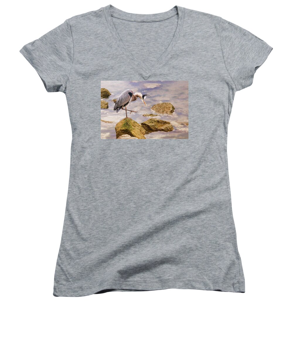 Great Blue Heron Women's V-Neck featuring the photograph One Step at a Time by Ola Allen