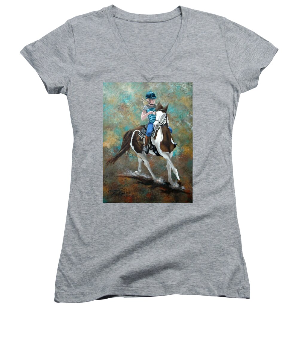 Horse Women's V-Neck featuring the painting Jakey and Me by Adrienne Dye